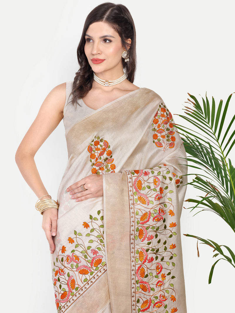 Elegant Off-White Modal Silk Saree with Floral Embroidery