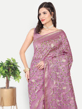Elegant Dusty Pink Linen Saree with Floral Jaal Embroidery
