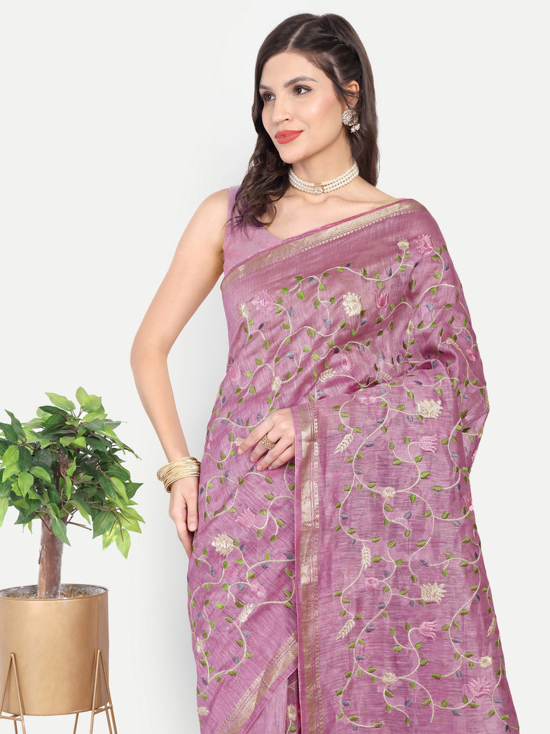 Elegant Dusty Pink Linen Saree with Floral Jaal Embroidery