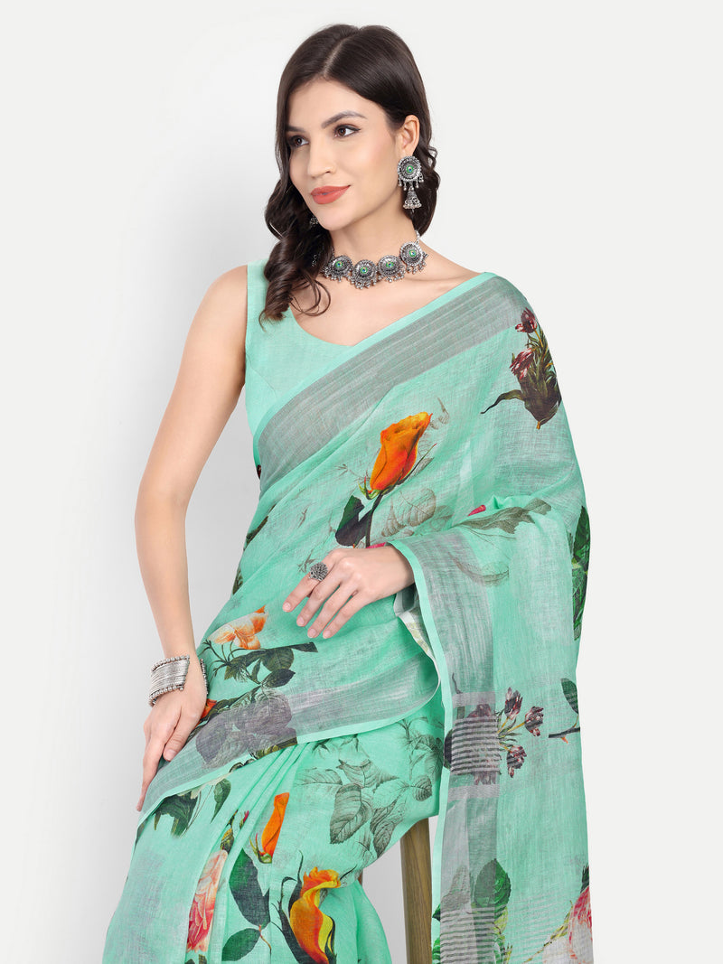 Vibrant Sea Green Digital Print Linen Saree