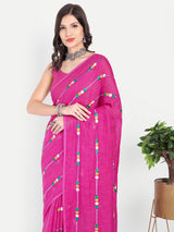 Vibrant Rani Pink Linen Saree with Colorful Embroidery