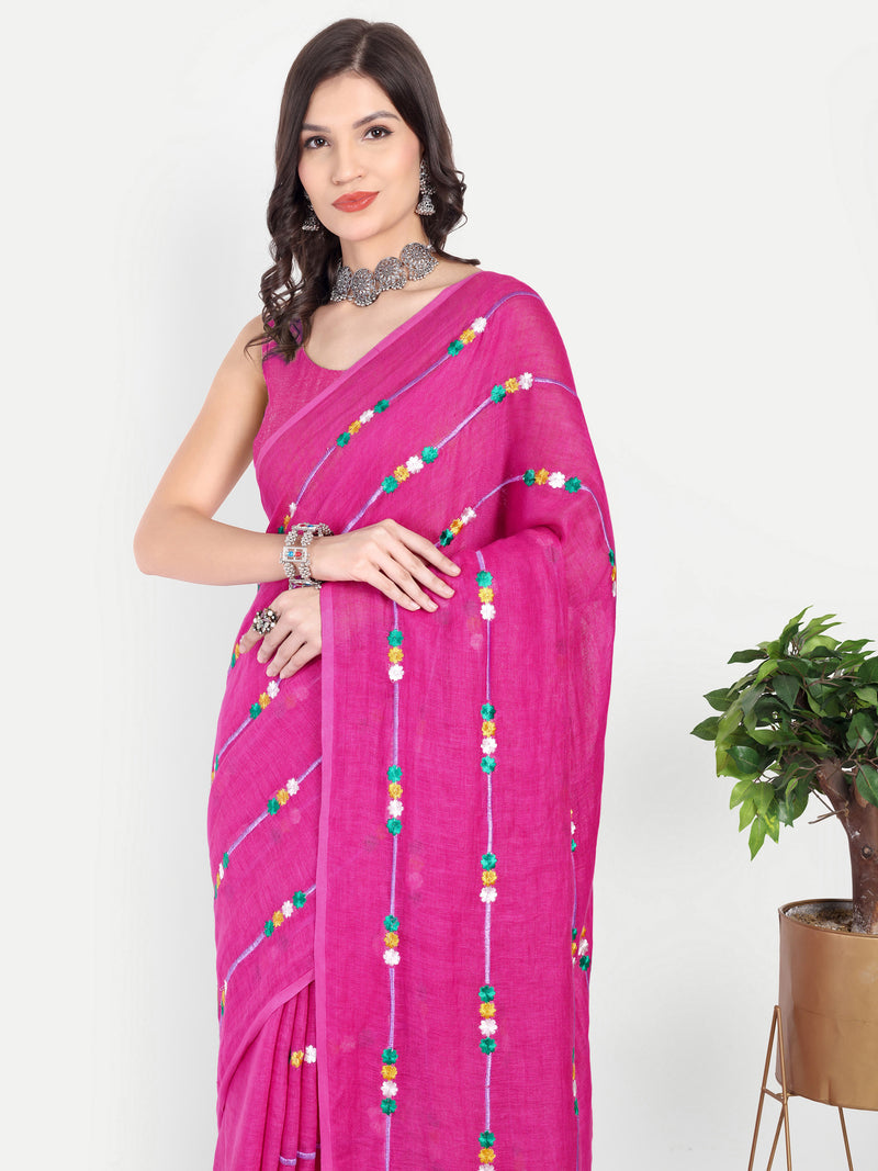 Vibrant Rani Pink Linen Saree with Colorful Embroidery
