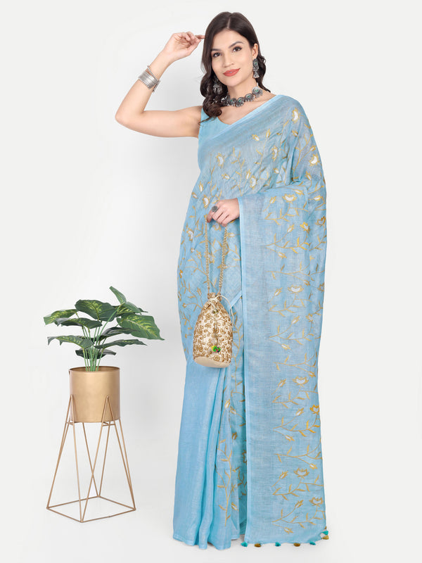 Serene Sky Blue Linen Saree with Golden Floral Embroidery