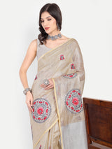 Elegant Beige & Silver Zari Linen Saree with Mandala Embroidery