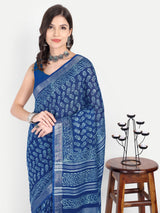 Classic Indigo Blue Block Print Cotton Saree