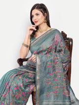 Elegant Dusty Teal Tussar Linen Saree with Floral Embroidery