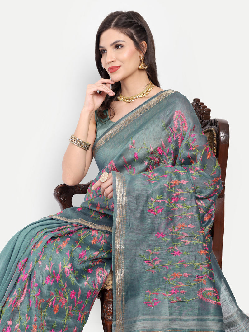 Elegant Dusty Teal Tussar Linen Saree with Floral Embroidery