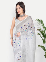 Elegant White & Grey Linen Saree with Embroidery
