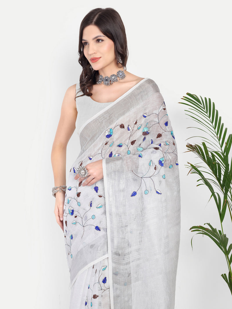 Elegant White & Grey Linen Saree with Embroidery