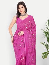 Exquisite Rani Pink Linen Saree with Floral Jaal Embroidery