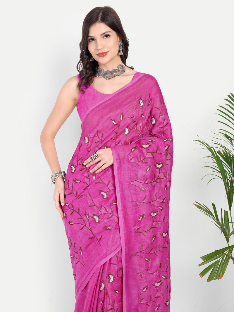 Exquisite Rani Pink Linen Saree with Floral Jaal Embroidery