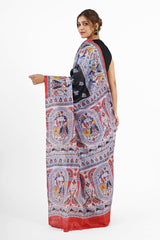 Artistic Black Ghicha Silk Saree with Madhubani Digital Print