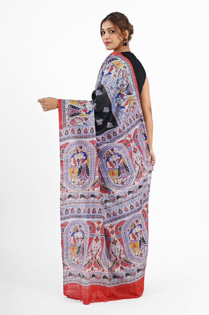 Artistic Black Ghicha Silk Saree with Madhubani Digital Print