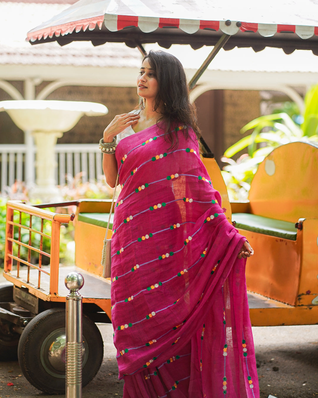 RANI PINK EMBROIDERED LINEN SAREE