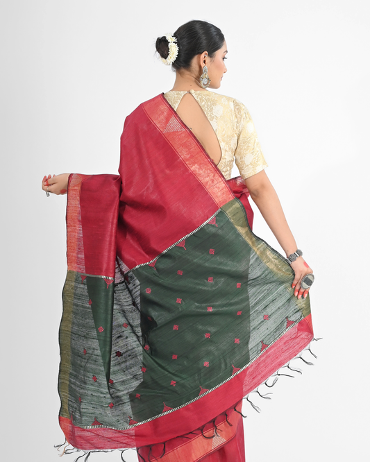 MAROON DUPION SILK SAREE WITH GREEN PALLU