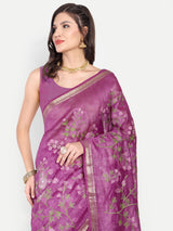 Regal Orchid Purple Linen Saree with Floral Embroidery