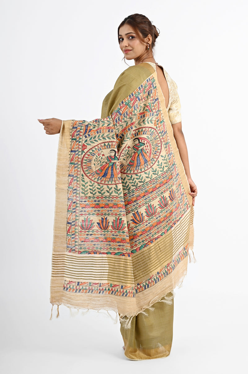 Elegant Olive Green Eri Silk Saree with Hand-Painted Madhubani Art