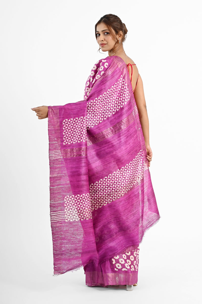 Vibrant Pink Ghicha Silk Saree with Geometric Screen Print