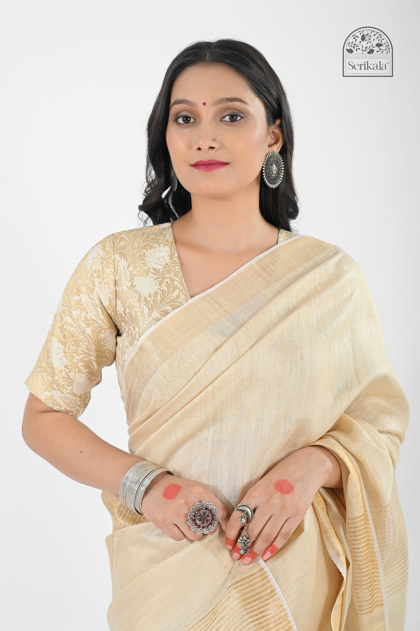 Elegant Cream Muga Silk Saree with Gold Zari Subtle Stripes | Handloom Indian Saree