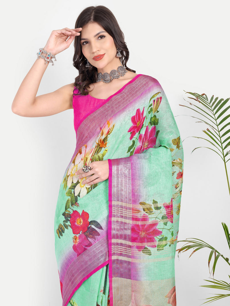 Vibrant Sea Green & Rani Pink Digital Print Linen Saree