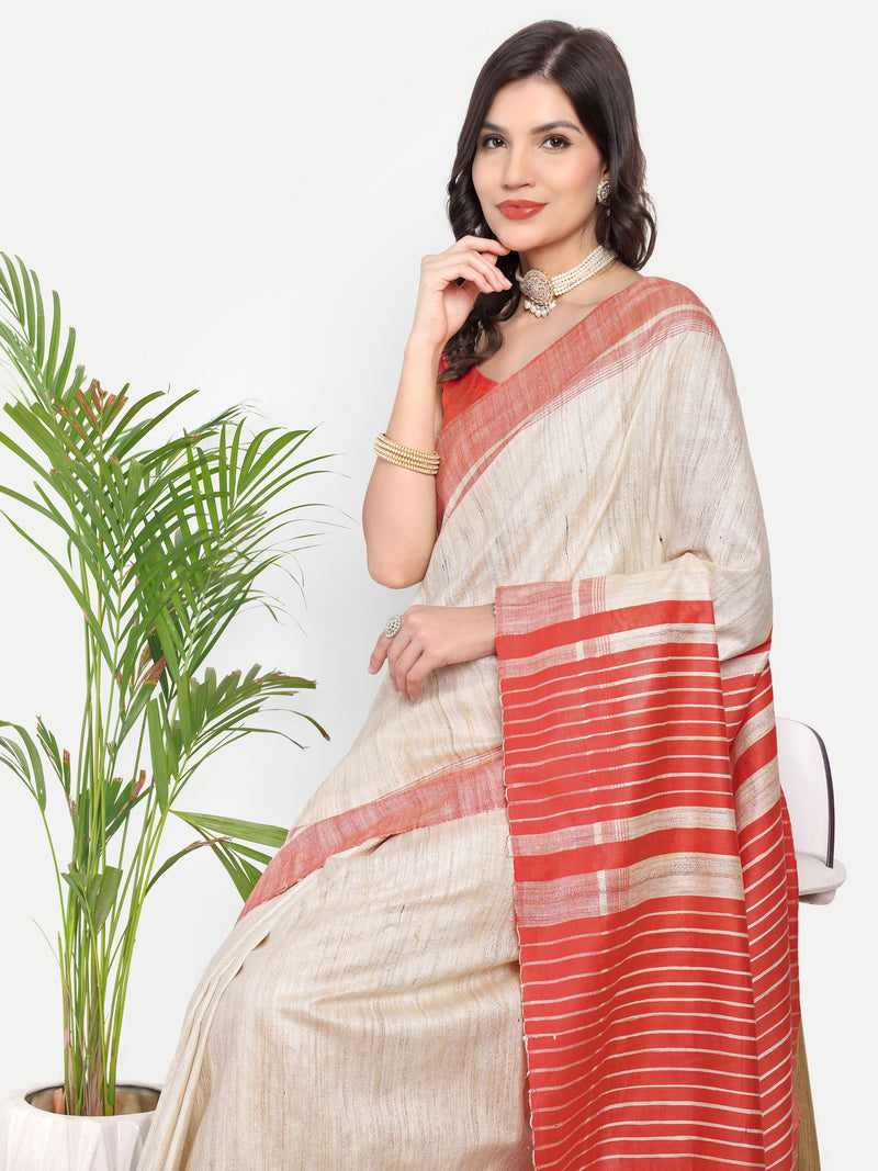 Classic Red & Off-White Striped Ghicha Silk Saree