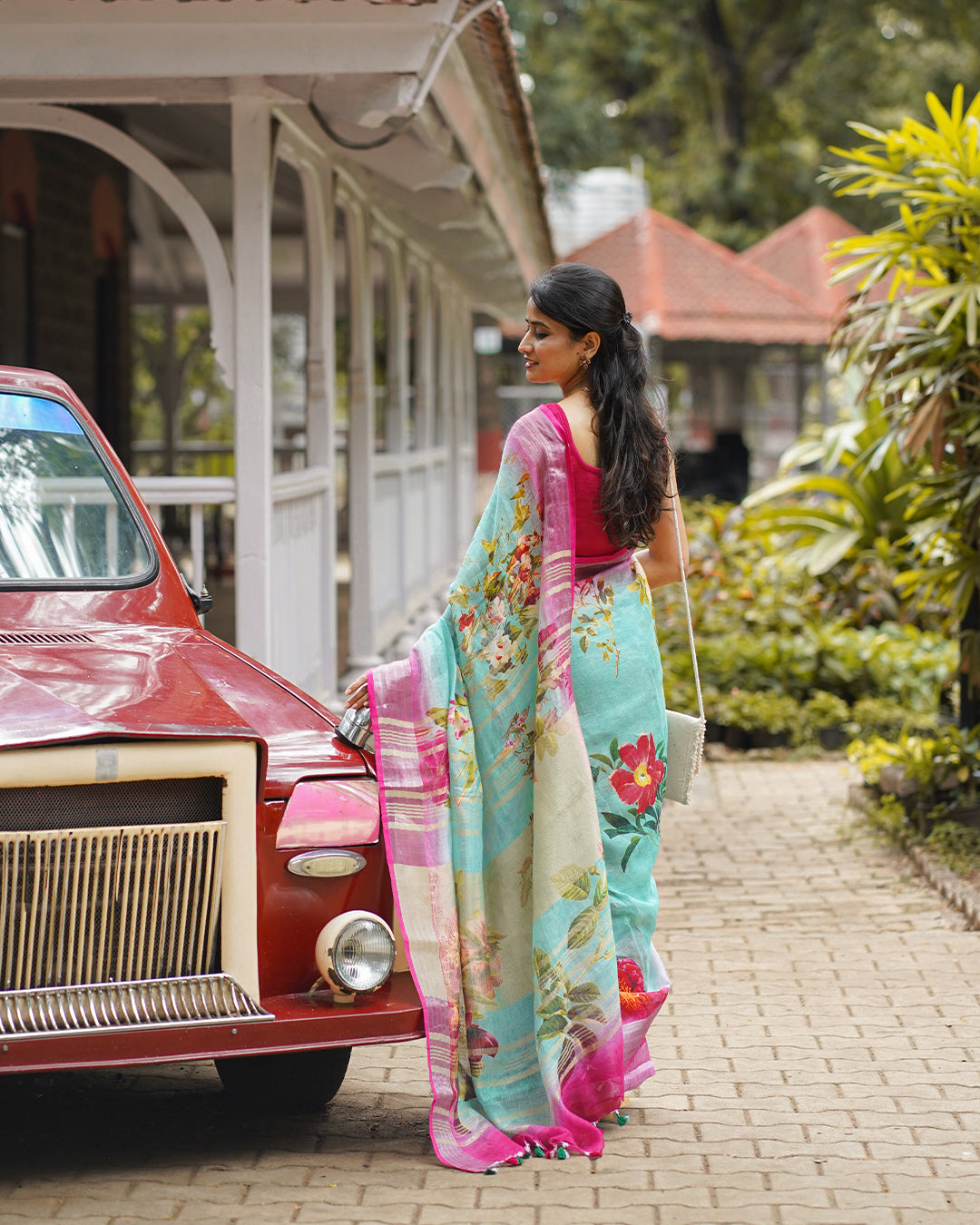 SEA GREEN RANI PINK LINEN SAREE
