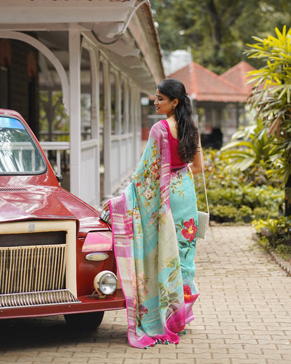SEA GREEN RANI PINK LINEN SAREE