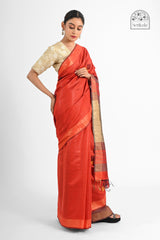 Rust Eri Silk Saree with Handwoven Tussar Pallu – Minimalist Elegance with Geometric Charm