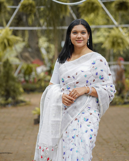 SILVER MIST GREY EMBROIDERED LINEN SAREE