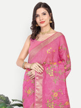 Vibrant Rani Pink Kota Linen Saree with Gold Zari & Embroidery