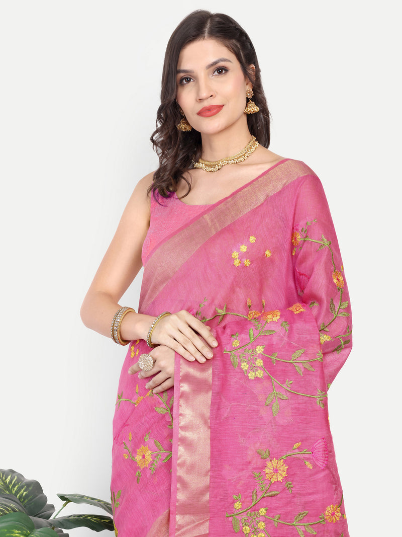 Vibrant Rani Pink Kota Linen Saree with Gold Zari & Embroidery