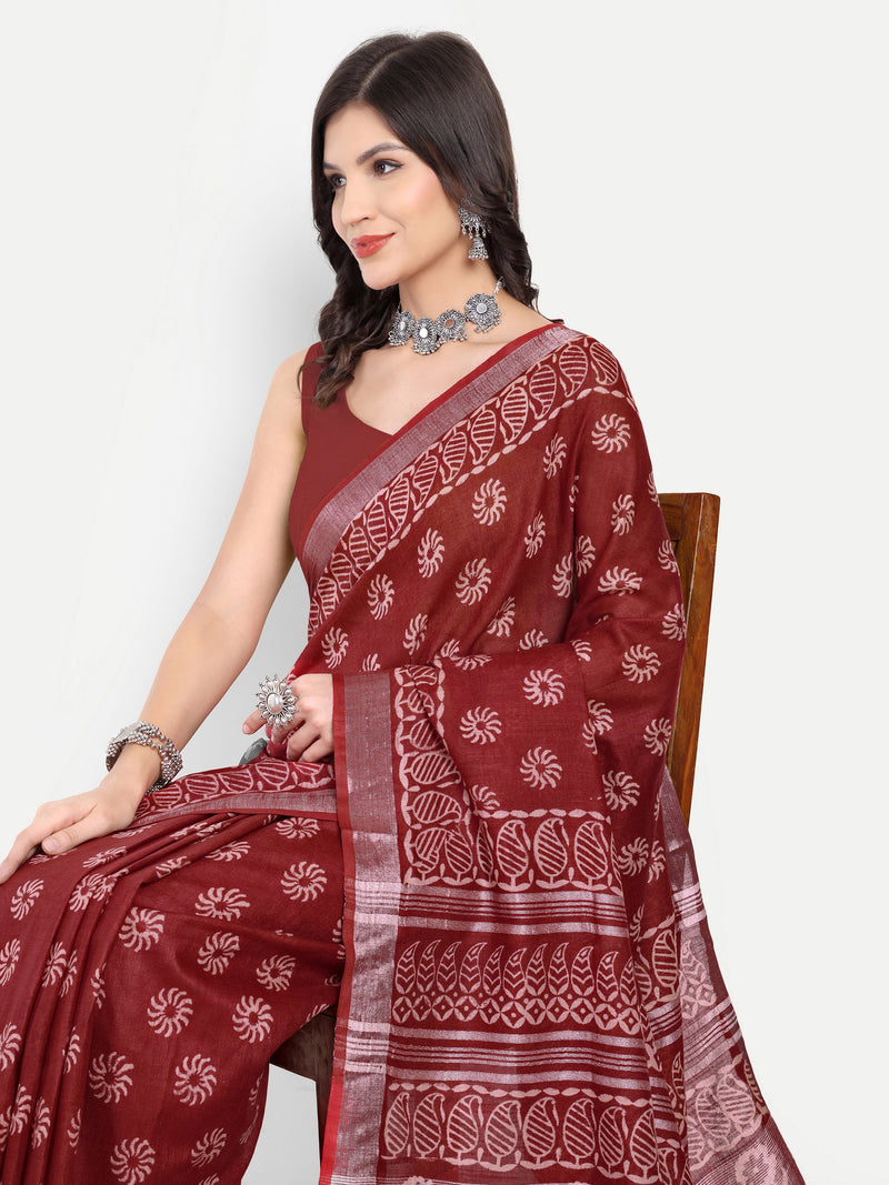 Rich Maroon Block Print Cotton Saree