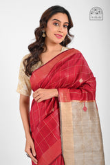 Red Dupion Silk Saree with Golden Check & Tussar Pallu