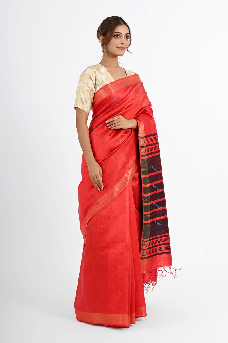 Bold Red Dupion Silk Saree with Black & Blue Striped Aanchal
