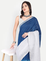 Elegant Indigo & White Dual-Tone Linen Saree with Floral Hand Embroidery