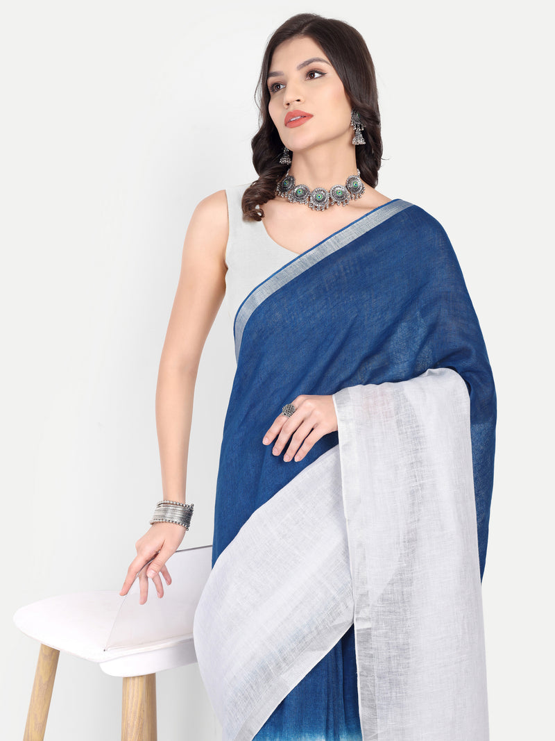 Elegant Indigo & White Dual-Tone Linen Saree with Floral Hand Embroidery