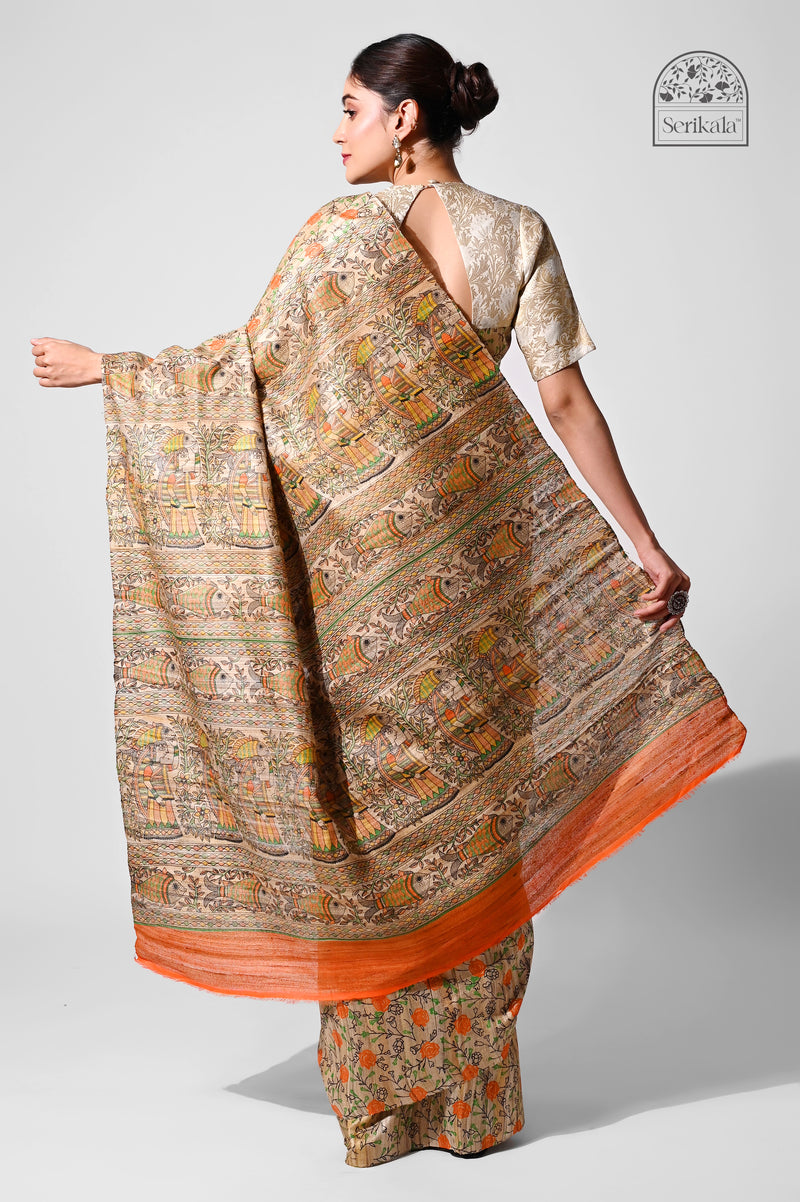 Exquisite Ghicha Silk Saree with Madhubani Art Print | Handloom Indian Saree