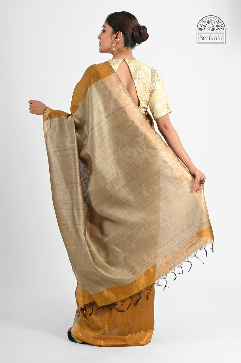 Exquisite Golden Mustard & Beige Dupion Tussar Silk Saree - Handloom Indian Saree