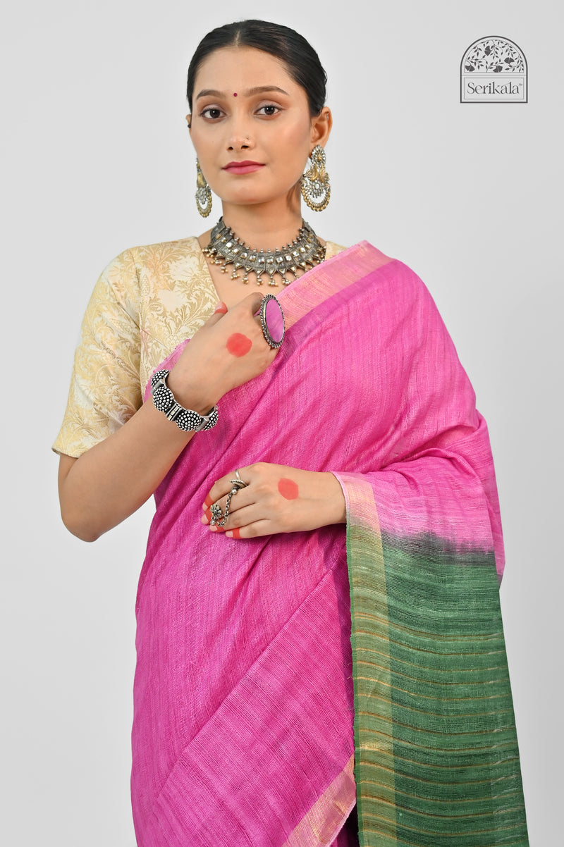 Vibrant Pink & Green Ghicha Silk Saree | Handloom Traditional Saree