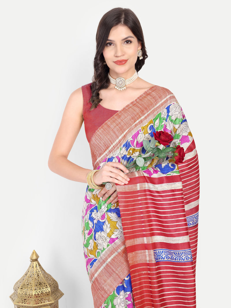 Artistic Hand-Painted Ghicha Silk Saree with Striped Pallu