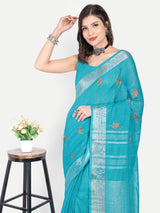Vibrant Turquoise Blue Linen Saree with Floral Embroidery