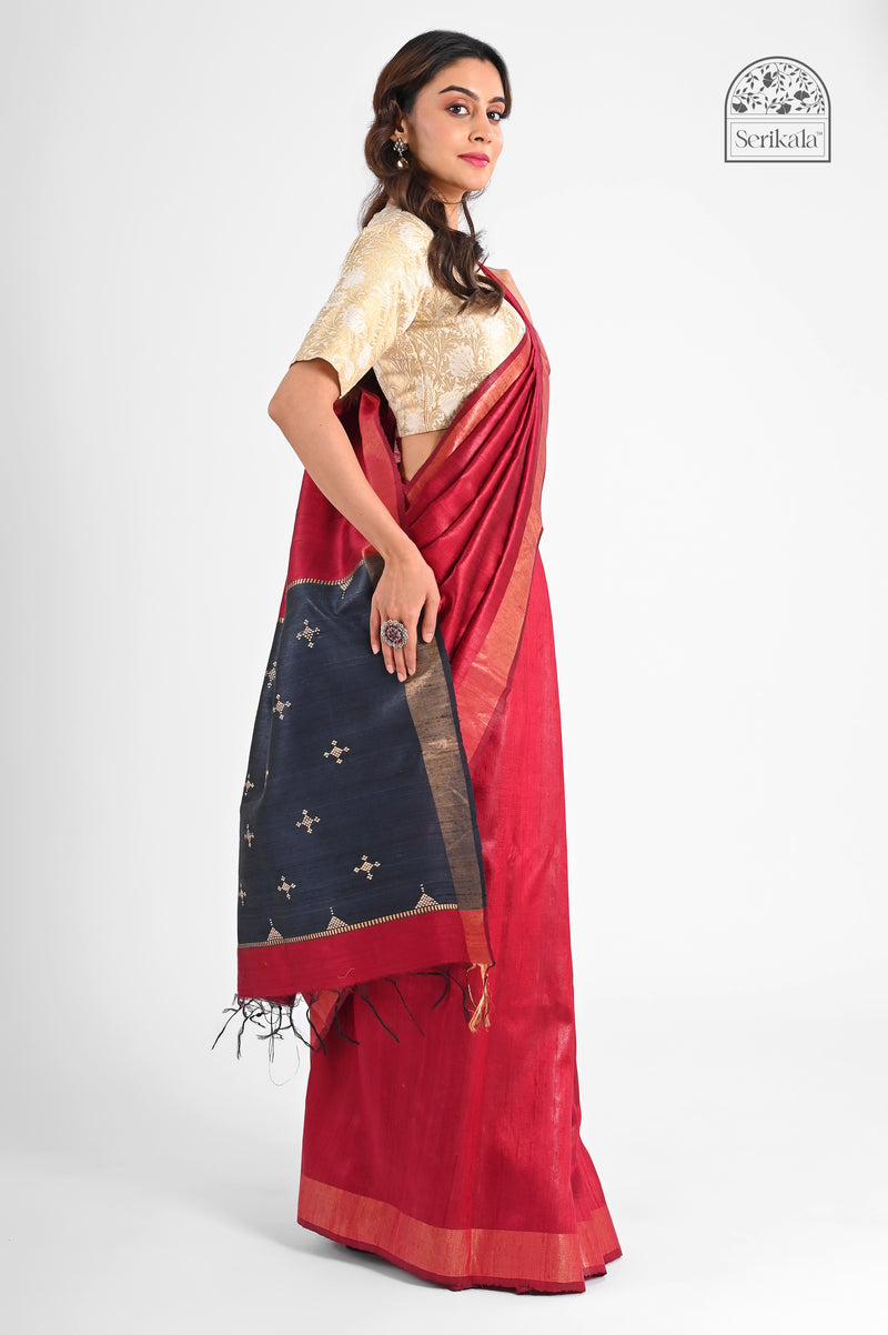 Elegant Maroon & Black Dupion Silk Saree with Zari Border & Woven Pallu