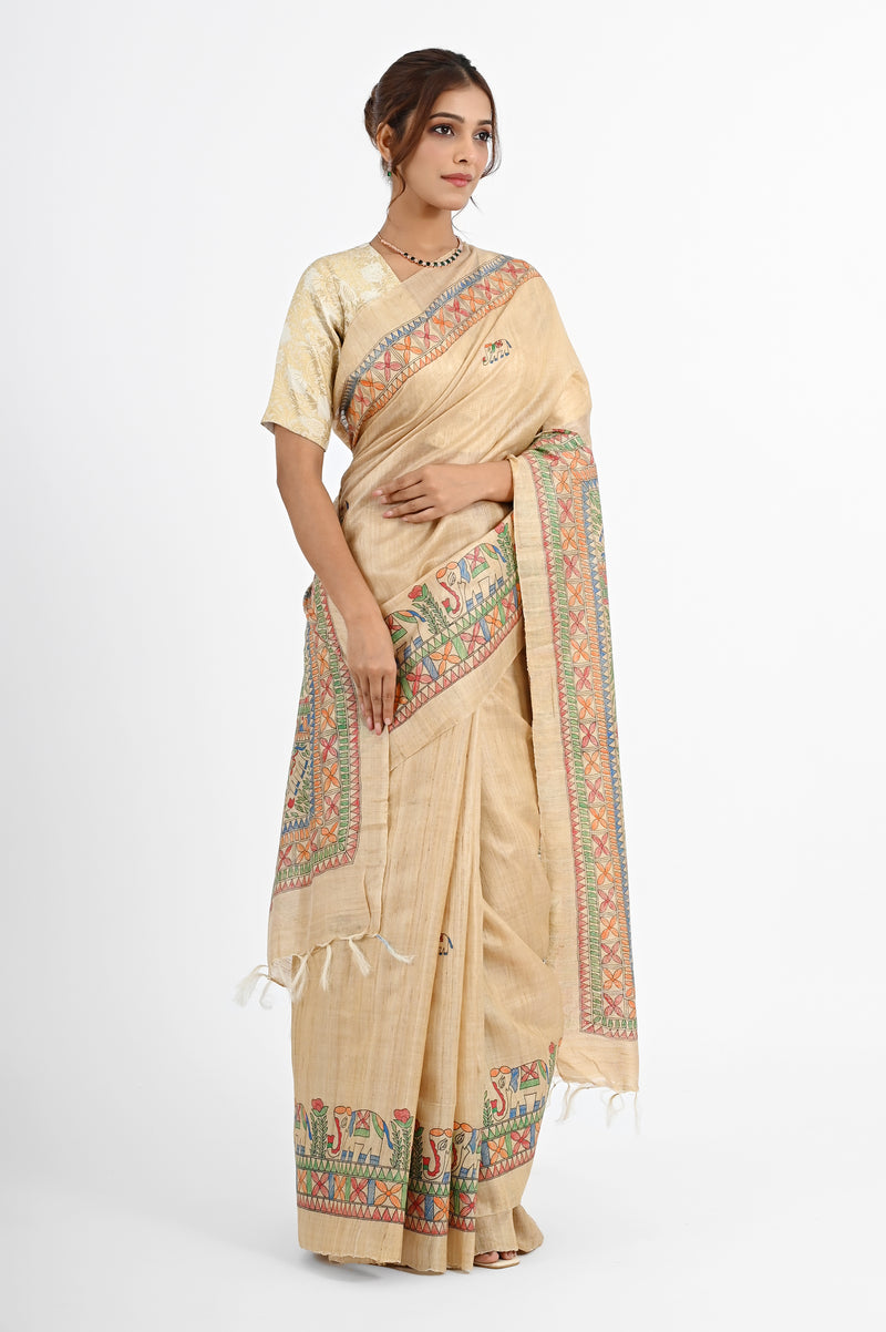 Artistic Beige Tussar Silk Saree with Hand-Painted Madhubani Art