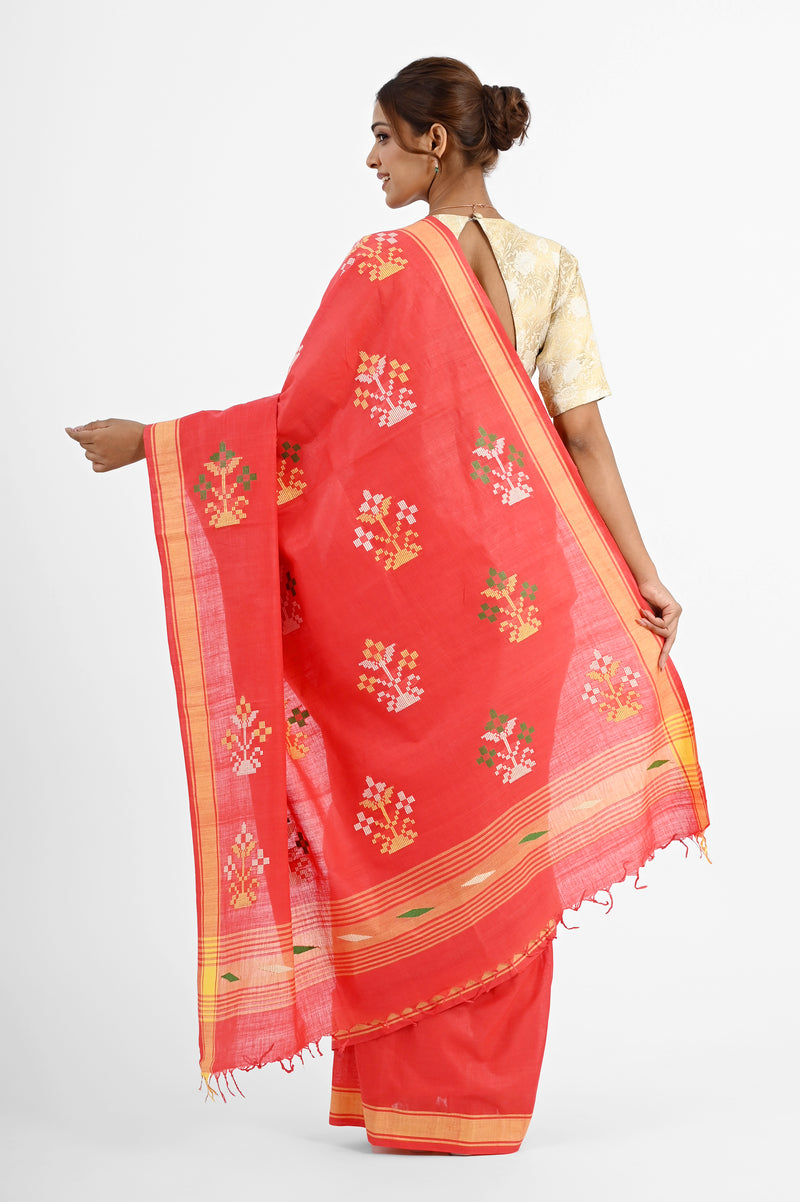 Charming Red Cotton Saree with Bawan Buta Design