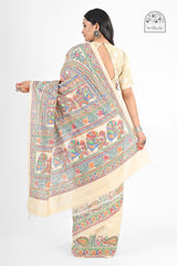 Cream Muga Silk Saree with Hand-Painted Madhubani Art | Luxurious Handloom Saree - Serikala