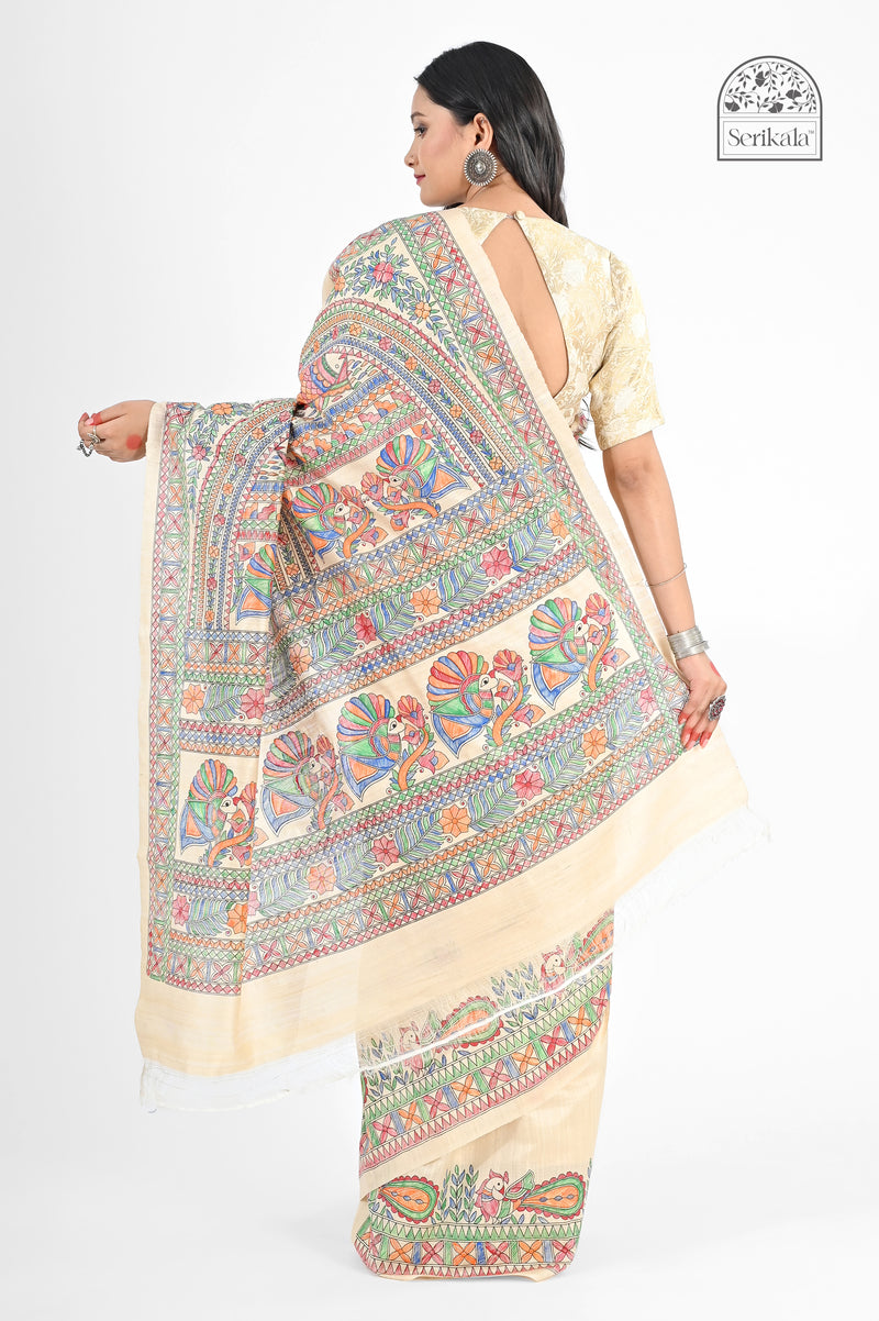 Cream Muga Silk Saree with Hand-Painted Madhubani Art | Luxurious Handloom Saree - Serikala