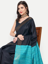 Elegant Charcoal Grey & Turquoise Blue Silk Saree