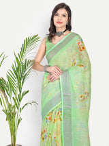 Fresh Lime Green Floral Digital Print Linen Saree