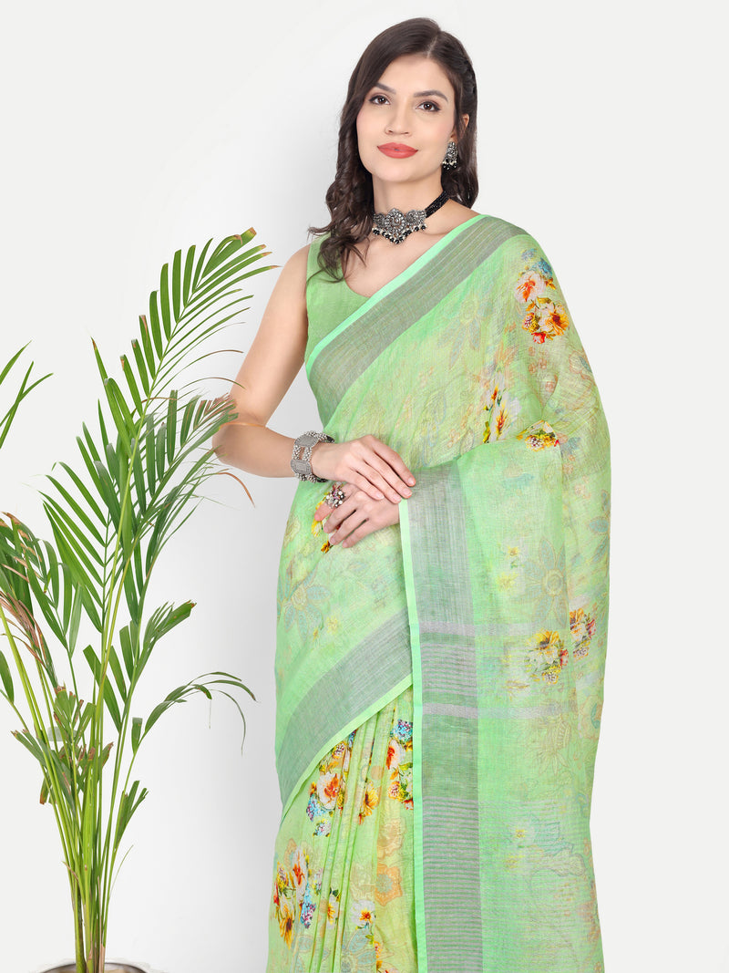 Fresh Lime Green Floral Digital Print Linen Saree