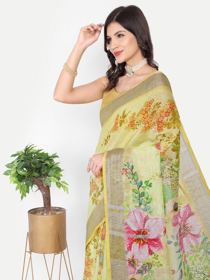 Sunny Yellow Floral Digital Print Linen Saree